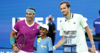 pain's Rafael Nadal and Russia's Daniil Medvedev pose for a picture before the 2022 Australian Open final