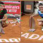 Carlos Alcaraz and Ons Jabeur with their trophies at the 2022 Madrid Open