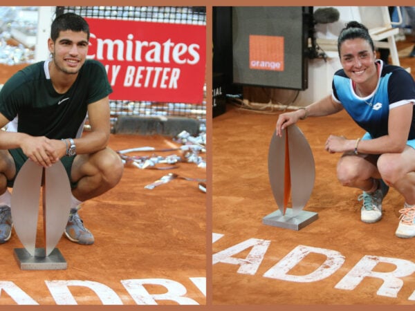 Carlos Alcaraz and Ons Jabeur with their trophies at the 2022 Madrid Open