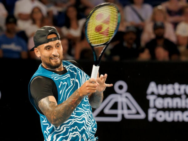 Nick Kyrgios during an exhibition match against Novak Djokovic ahead of the 2023 Australian Open