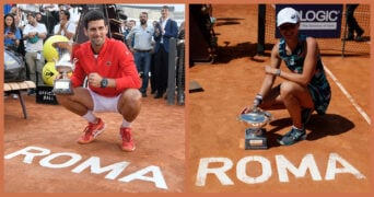 Novak Djokovic and Iga Swiatek with their trophies at the 2023 Italian Open