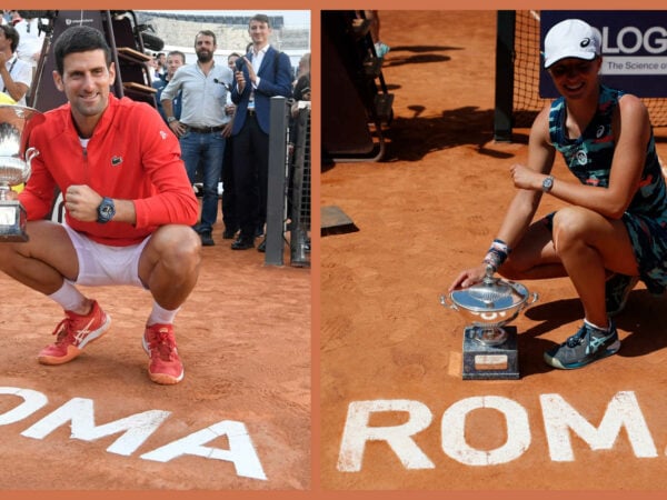 Novak Djokovic and Iga Swiatek with their trophies at the 2023 Italian Open