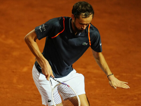 Daniil Medvedev celebrates winning his semi final at the Italian Open with a dance