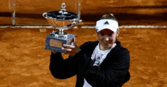 Kazakhstan's Elena Rybakina celebrates with the Italian Open trophy