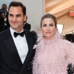 Roger Federer and his wife Mirka Federer pose at the Met Gala
