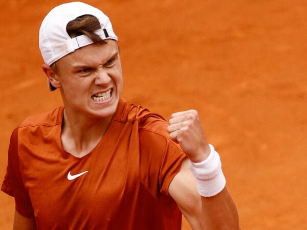 Denmark's Holger Rune reacts during his semi final match at the 2023 Italian Open