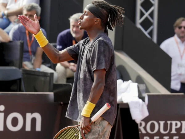 Mikael Ymer during his match against Arthur Fils at the Lyon ATP 250 Tournament