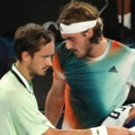 Greece's Stefanos Tsitsipas and Russia's Daniil Medvedev during their semi-final match at the 2022 Australian Open