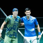 Holger Rune and Novak Djokovic at the 2022 Rolex Paris Masters