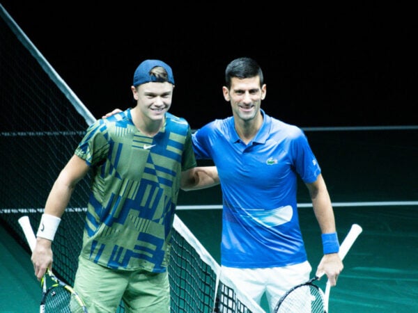 Holger Rune and Novak Djokovic at the 2022 Rolex Paris Masters