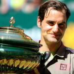 Roger Federer during the trophy Ceremony in Halle in 2019