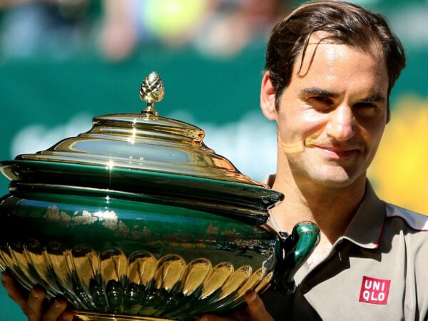 Roger Federer during the trophy Ceremony in Halle in 2019
