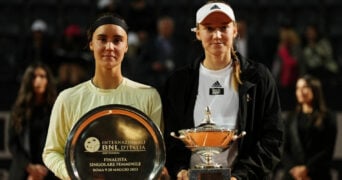 Kazakhstan's Elena Rybakina and Ukraine's Anhelina Kalinina at the 2023 Italian Open