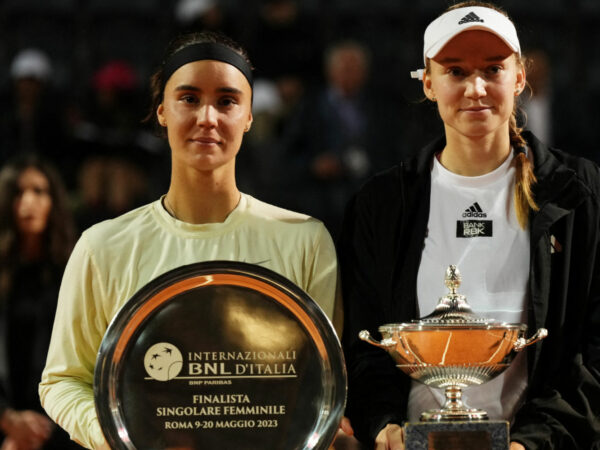 Kazakhstan's Elena Rybakina and Ukraine's Anhelina Kalinina at the 2023 Italian Open