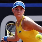 Ukraine's Katarina Zavatska in action during the 2023 Billie Jean King Cup