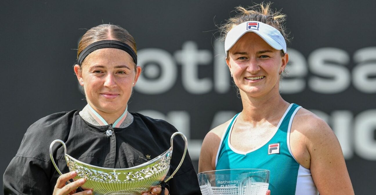 Ostapenko and Krejcikova, Trophy ceremony at Birmingham Classic, 2023