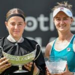 Ostapenko and Krejcikova, Trophy ceremony at Birmingham Classic, 2023