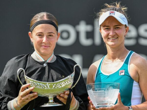 Ostapenko and Krejcikova, Trophy ceremony at Birmingham Classic, 2023