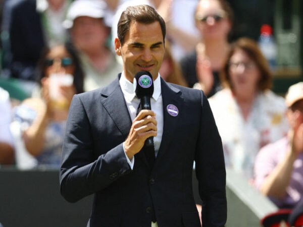 Switzerland's Roger Federer gives a speech during centre court centenary celebrations at Wimbledon 2022
