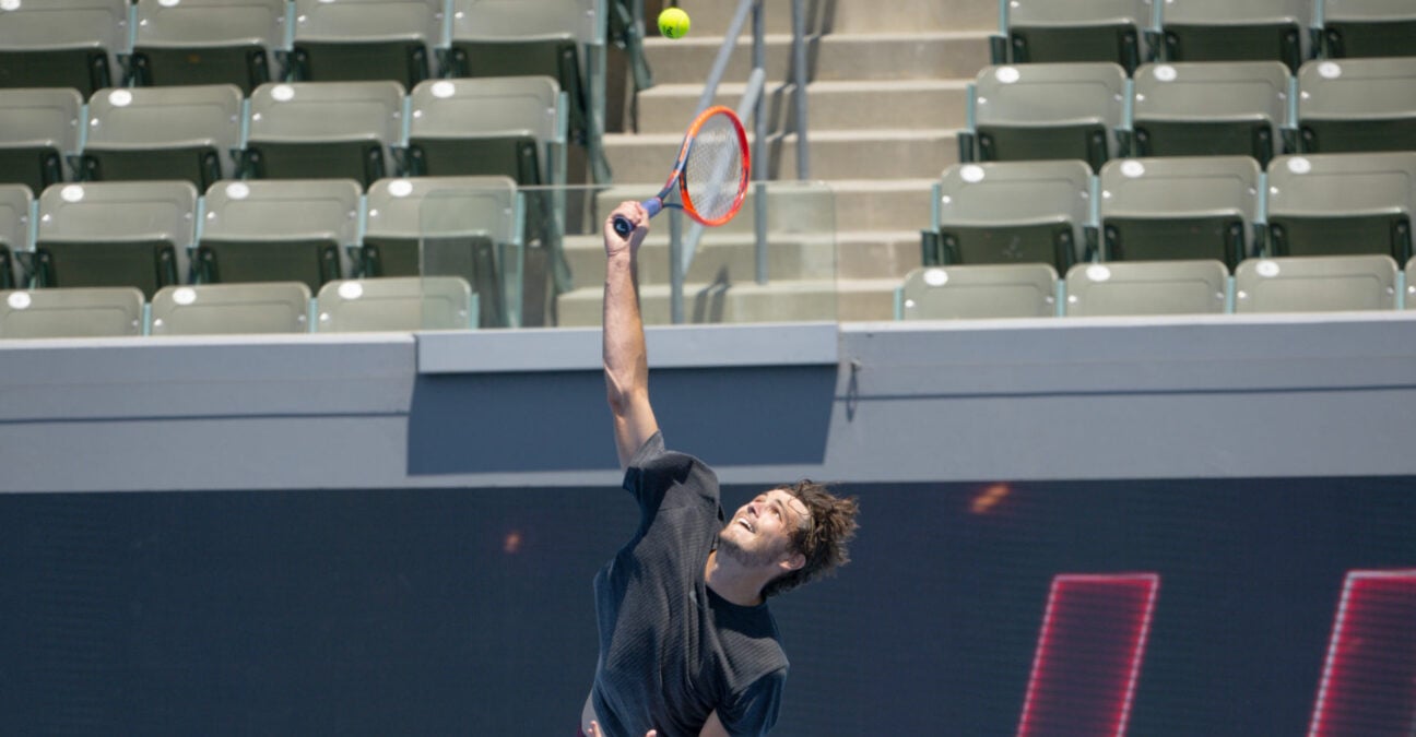 Taylor Fritz serves ahead of the UTS series kick off in Los Angeles