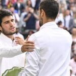 Carlos Alcaraz and Novak Djokovic at Wimbledon in 2023