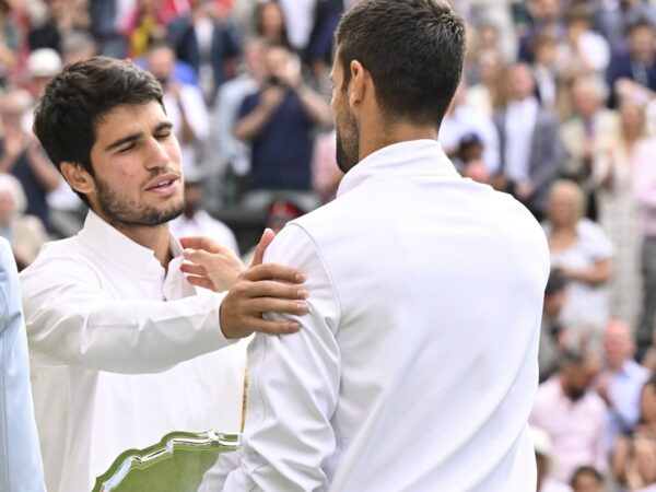 Carlos Alcaraz and Novak Djokovic at Wimbledon in 2023