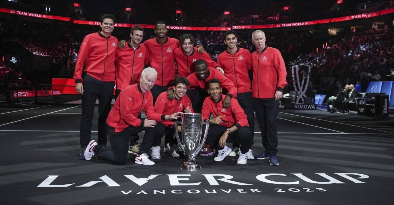Team World poses with the Laver Cup trophy