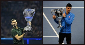 Novak Djokovic poses with the world No 1 trophy in 2023 (left) and 2015 (right)