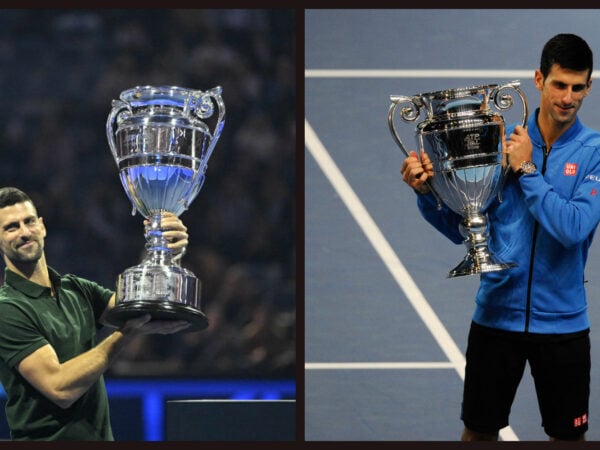 Novak Djokovic poses with the world No 1 trophy in 2023 (left) and 2015 (right)