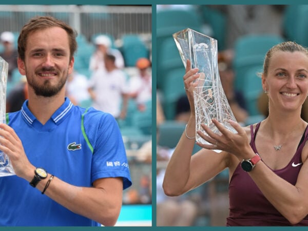 Daniil Medvedev and Petra Kvitova with the 2023 Miami Open trophies