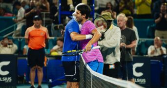 Carlos Alcaraz and Grigor Dimitrov at the net, Miami Open 2024