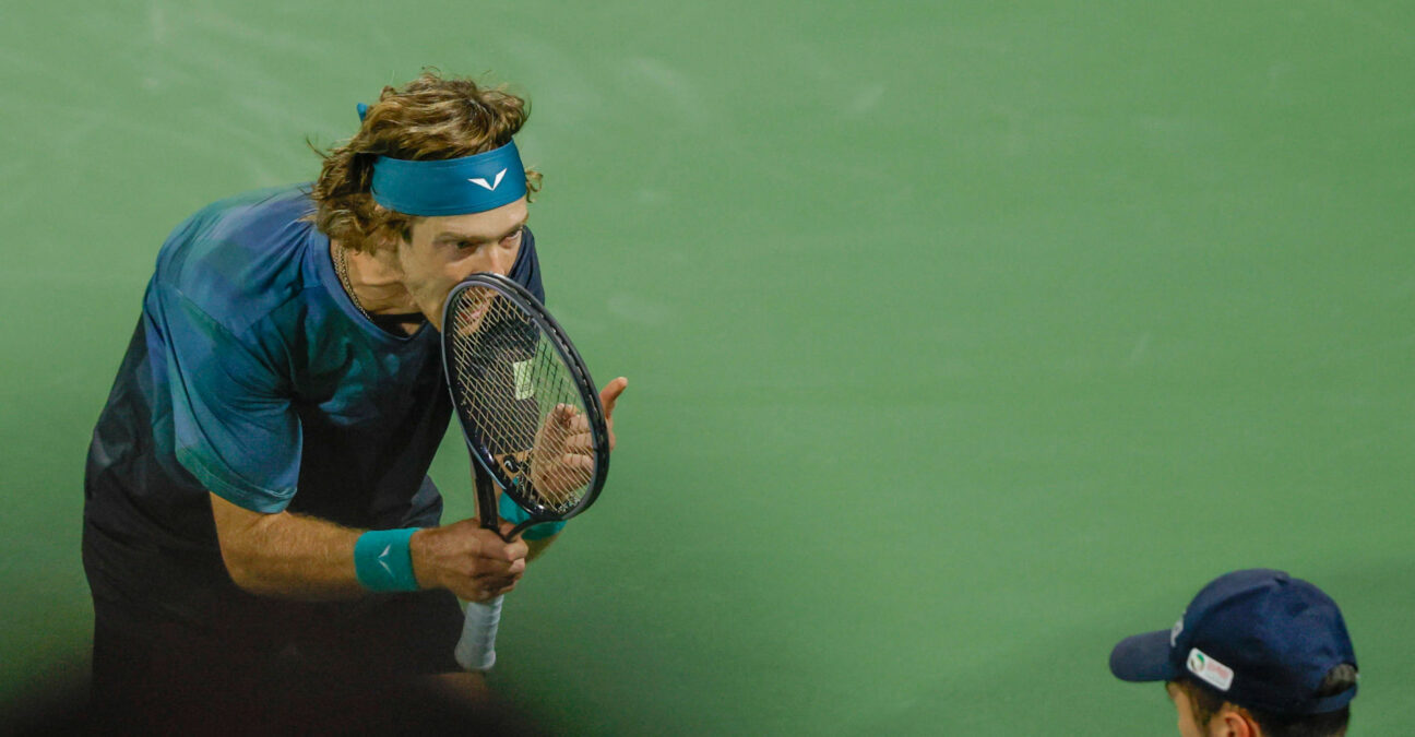 Andrey Rublev shouts at the linesman at the 2024 Dubai Duty Free Tennis Championships