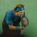 Andrey Rublev shouts at the linesman at the 2024 Dubai Duty Free Tennis Championships