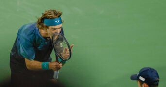Andrey Rublev shouts at the linesman at the 2024 Dubai Duty Free Tennis Championships
