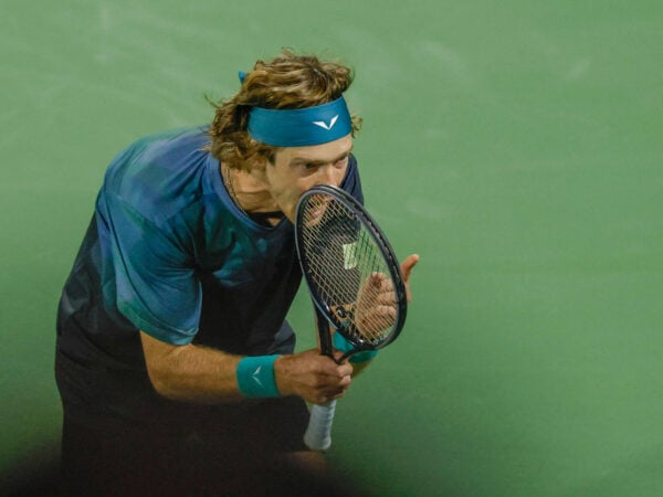 Andrey Rublev shouts at the linesman at the 2024 Dubai Duty Free Tennis Championships