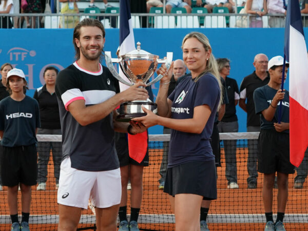 Borna Coric and Donna Vekic with the 2023 Hopman Cup trophy