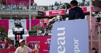 Nuno Borges reacts to referee decision during the Millennium Estoril Open
