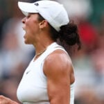 7th July 2024; All England Lawn Tennis and Croquet Club, London, England; Wimbledon Tennis Tournament, Day 7; Madison Keys (USA) celebrates after she wins the second set during her fourth round match against Jasmine Paolini (ITA) || 293155_0010 2024 All England Lawn Tennis and Croquet Club association Day 7 england grand slam GRASS LAWN LONDON LTA SPORTING sports SW19 tennis