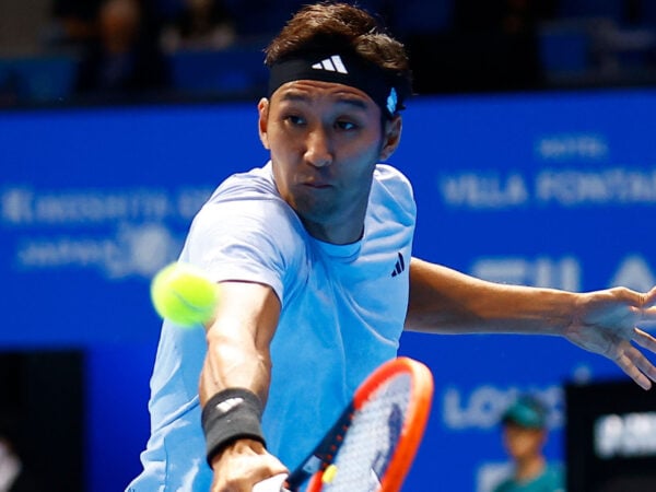 October 15, 2023, Tokyo, Japan: Yasutaka UCHIYAMA (JPN) hits a return against Marcos GIRON (USA) during the qualifying final match for the Kinoshita Group Japan Open Tennis Championships 2023 at the Ariake Coliseum. This is the longest-running ATP Tour tournament in Asia, first held in 1972. The tournament runs from October 16 to 22. Giron won 6-3, 6-2. || 278029_0019 2023 500 ATP CHAMPIONSHIPS Group japan Japanese open player PRESS professional sports tennis tokyo TOUR Tournament zcontractphotographer zlast24 zselect Zuma ZUMAPRESS.com zwire