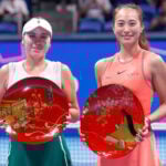 October 27, 2024, Tokyo, Japan: (L to R) Sofia KENIN (runner-up) and winner Qinwen ZHENG pose for the cameras during the award ceremony of the Toray Pan Pacific Open Tennis Tournament 2024 at the Ariake Coliseum. Zheng won 7-6(5), 6-3. || 299467_0009 2024 american chinese japan match open Pacific player PRESS Singles sofia sports tennis tokyo Tournament zcontractphotographer zlast24 zselect Zuma ZUMAPRESS.com zwire