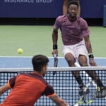 August 16, 2024: Gael Monfils (FRA) defeated Carlos Alcaraz (ESP) 4-6, 7-6, 6-4, at the Cincinnati Open being played at Lindner Family Tennis Center in Mason, Ohio. ©Leslie Billman/Tennisclix/CSM || 295337_0078 ATP cincinnati Gael monfils open PRESS Series tennis us WTA zagency zcsm zlast24 zselect zsports Zuma ZUMAPRESS.com zwire