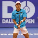 DALLAS, TX - FEBRUARY 08: Rinky Hijikata (AUS) hits a volley during the Dallas Open on February 8, 2024 at Styslinger/Altec Tennis Center in Dallas, TX. || 284636_0003