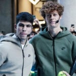 November 10, 2023, Turin, Italy: L'esibizione di Carlos Alcaraz e Jannik Sinner che poi hanno incontrato i fan al Nike Store di Torino organizzato in occasione delle Nitto Atp Finals, 10 novembre 2023. Centinaia le persone fuori dal negozio in via Roma, dove è anche stato allestito un campo sul quale il due campioni si sono cimentati a scambiare colpi con i tifosi. ANSA/TINO ROMANO..The performance of Carlos Alcaraz and Jannik Sinner who then met the fans at the Nike Store in Turin organized on the occasion of the Nitto ATP Finals, 10 November 2023. || 279591_0005 PRESS zlast24 zselect Zuma ZUMAPRESS.com zwireservice zworld