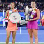 WUHAN, CHINA - OCTOBER 13: Champion Aryna Sabalenka R and runner-up Zheng Qinwen of China pose with their trophies during the awarding ceremony after the Women s Singles Final match on day nine of 2024 Wuhan Open at Optics Valley International Tennis Center on October 13, 2024 in Wuhan, Hubei Province of China. 111523557133 || 298597_0011 2024 awards ceremony Damen FINAL game Highlight MEHRSPORT open premiumd province quer Singles sport tennis Women WTA WUHAN x0x