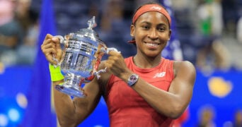 September 9, 2023, Flushing Meadows, New York, USA: Coco Gauff poses with the trophy after winning the 2023 US Open Women’s Final match against Aryna Sabalenka held at the USTA Billie Jean King National Tennis Center on Saturday September 9, 2023 in the Flushing neighborhood of the Queens borough of New York City.