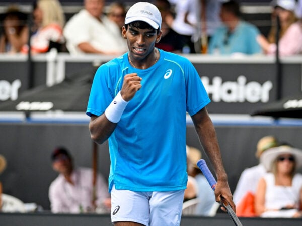 Nishesh Basavareddy of USA celebrates a point against Alejandro Tabilo of Chile in the Round 2, R16 Men’s Singles Match of the 2025 Men’s ASB Classic tennis tournament at Manuka Doctor Arena, Auckland, New Zealand on Wednesday 8 January 2025.