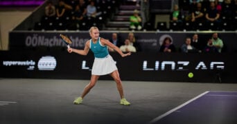 January 29, 2025, Linz, Upper Austria, Austria: Anastasia Potapova, returns with forehand to Rebecca Sramkova of Slovakia during the Upper Austria Ladies Linz - Womens Tennis, WTA500 (