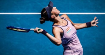 January 19, 2025: MELBOURNE, AUSTRALIA - JANUARY 19: Belinda Bencic of Switzerland serves to Coco Gauff of USA on day eight of the 2025 Australian Open at Melbourne Park on January 19, 2025 in Melbourne, Australia.