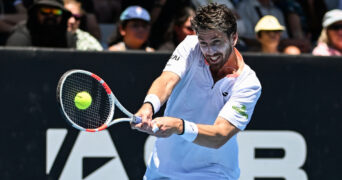 Cameron Norrie of Great Britain plays a shot against Facundo Diaz Acosta of Argentina in the Round 1, R32 Men’s Singles Match of the 2025 Men’s ASB Classic tennis tournament at Manuka Doctor Arena, Auckland, New Zealand on Tuesday 7 January 2025.