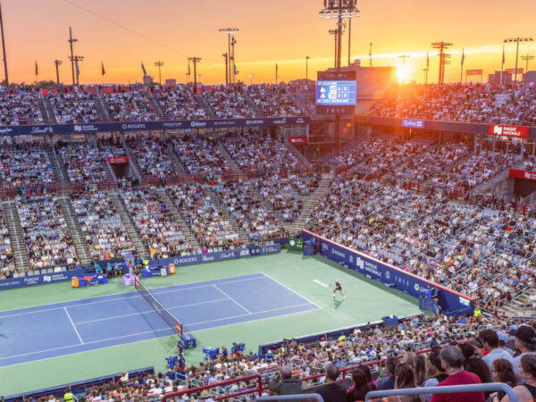 August 6, 2024, Montreal, Quebec, Canada: Sunset over stadium in the game between HOLGER RUNE from Denmark and ROBERTO BAUTISTA-AGUT from Spain in first round at National bank open at IGA Stadium in Montreal, Quebec, Canada on 2024-08-06
